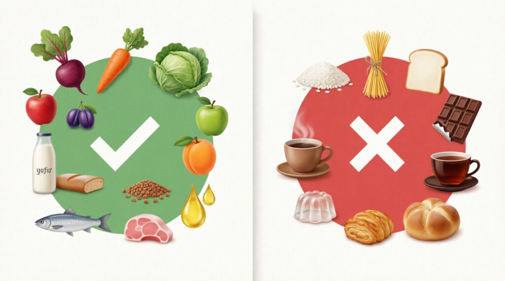 Схема «Разрешённые и запрещённые продукты при запорах» (визуальный список)