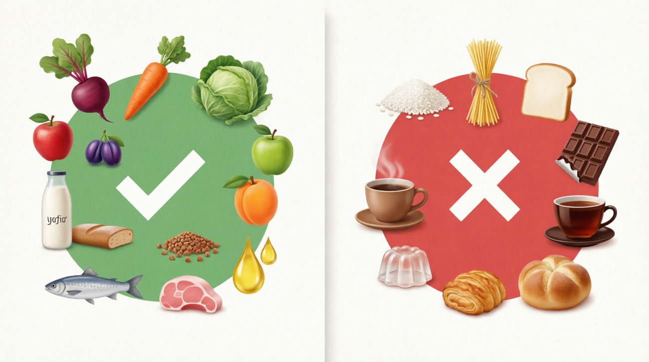 Схема «Разрешённые и запрещённые продукты при запорах» (визуальный список)